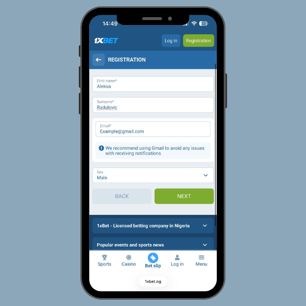 1xbet registration form for Email sign up with name and email fields.