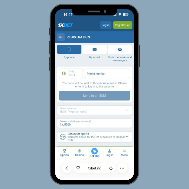 1xbet registration form with phone number field and promo code entered.