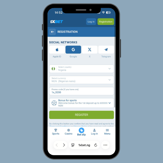 1xbet registration by social networks with options for Apple ID, Google, X and Telegram.