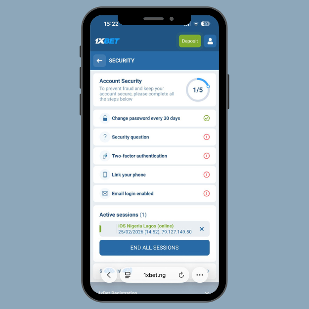 1xbet account security page showing steps to secure account.