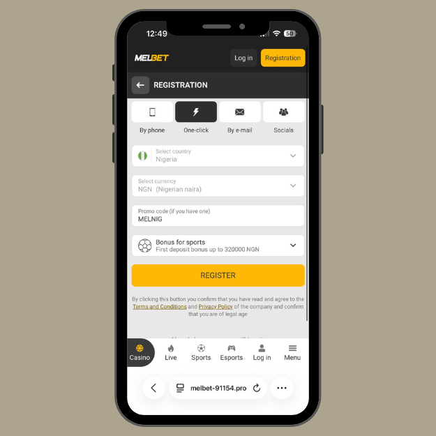 Melbet Nigeria registration by one click method.