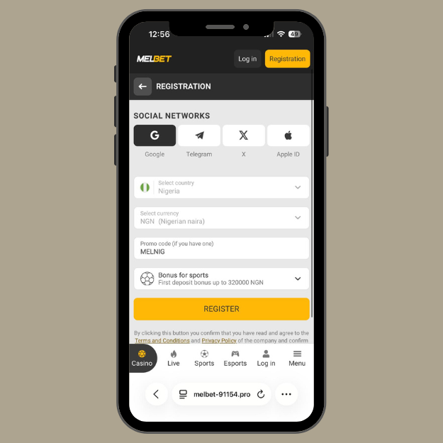 Melbet registration form for social media sign up