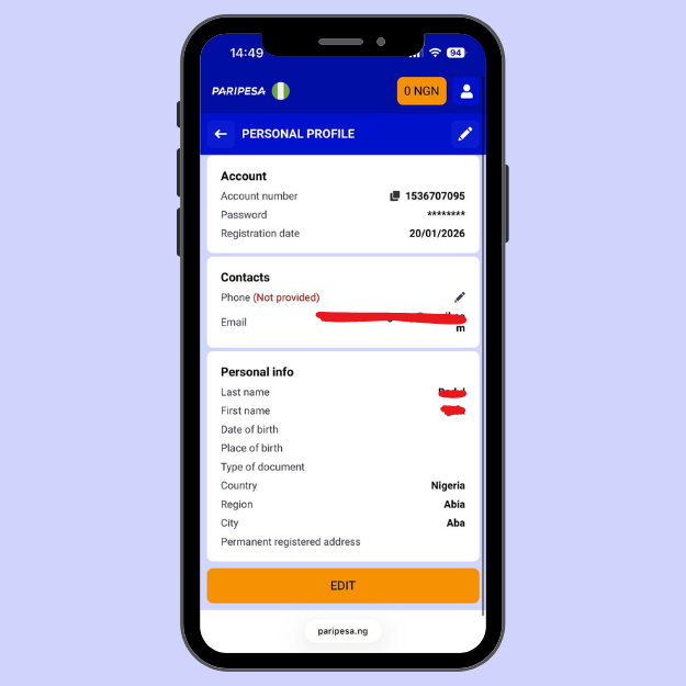 PariPesa account profile page