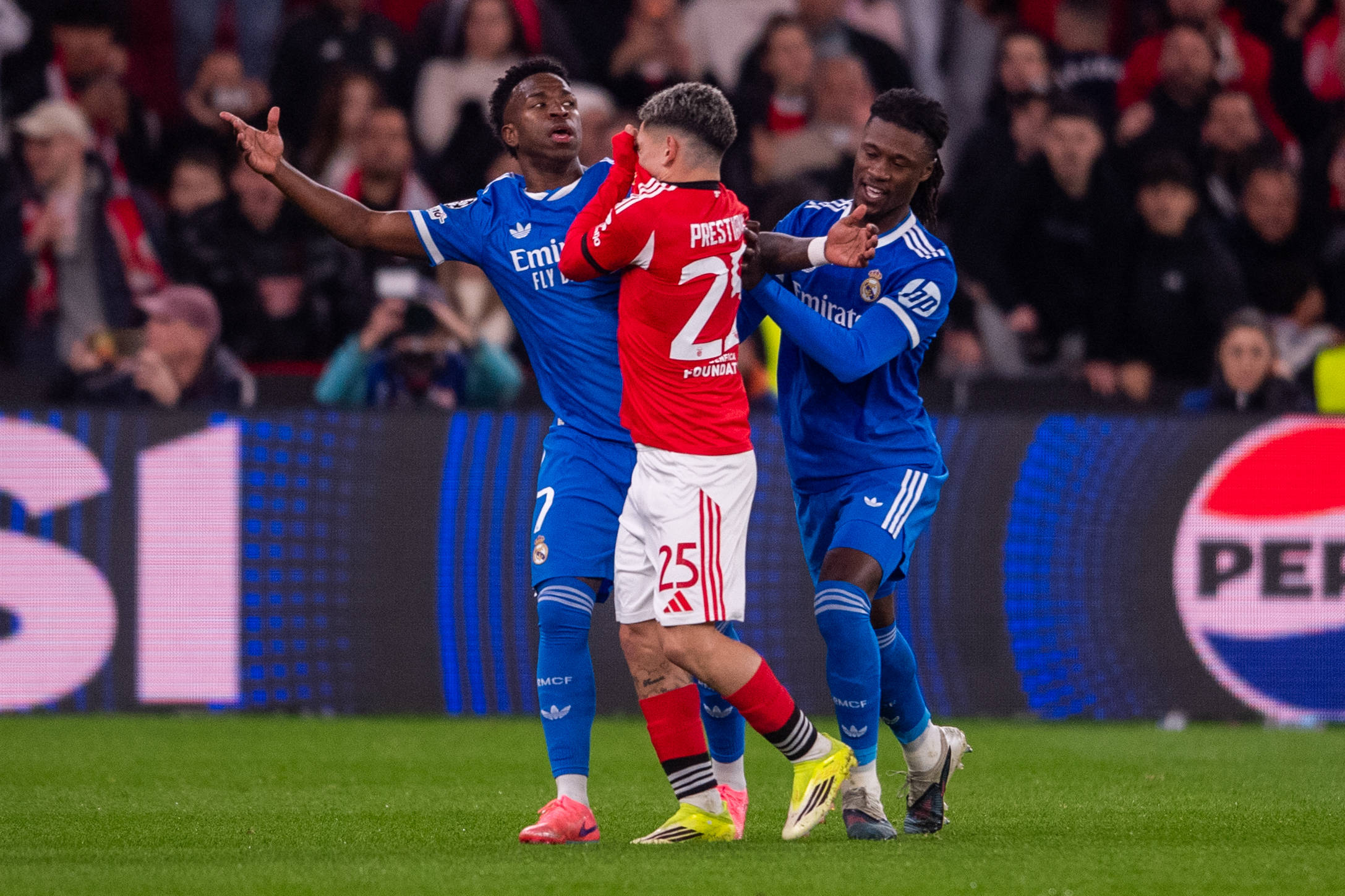 Gianluca Prestianni in an altercation with Vinicius Junior during the UEFA Champions League match between SL Benfica and Real Madrid