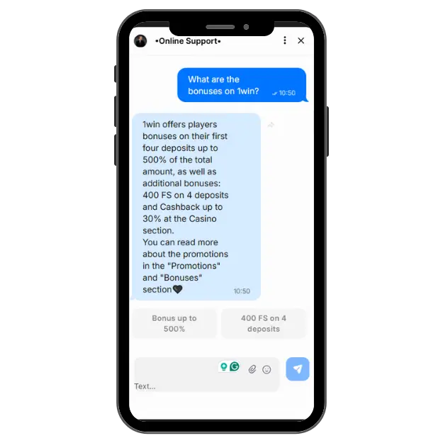 1Win live chat showing bonus details on mobile, including 500% welcome offer and cashback information