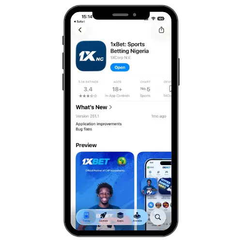 1xBet app download page on Apple App Store showing Sports Betting Nigeria app and install button