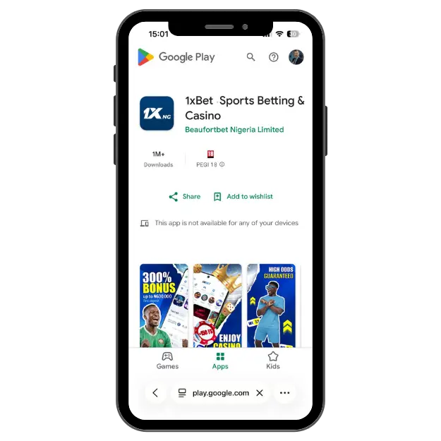 1xBet app page on Google Play Store showing Sports Betting & Casino app by Beaufortbet Nigeria Limited