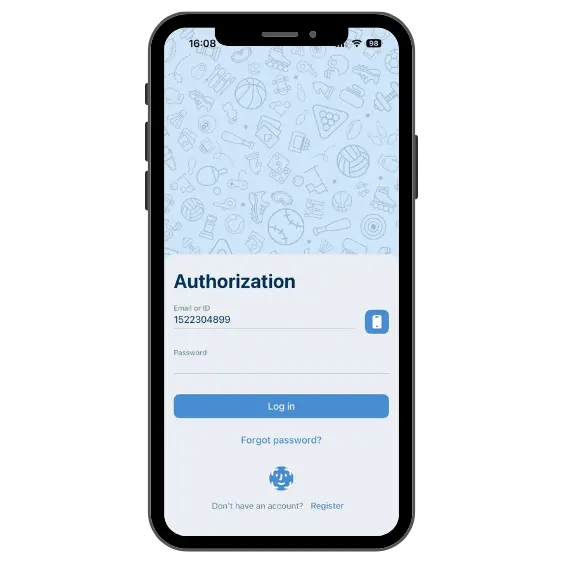 1xBet app login screen showing authorization page with email or ID field, password input, and log in button