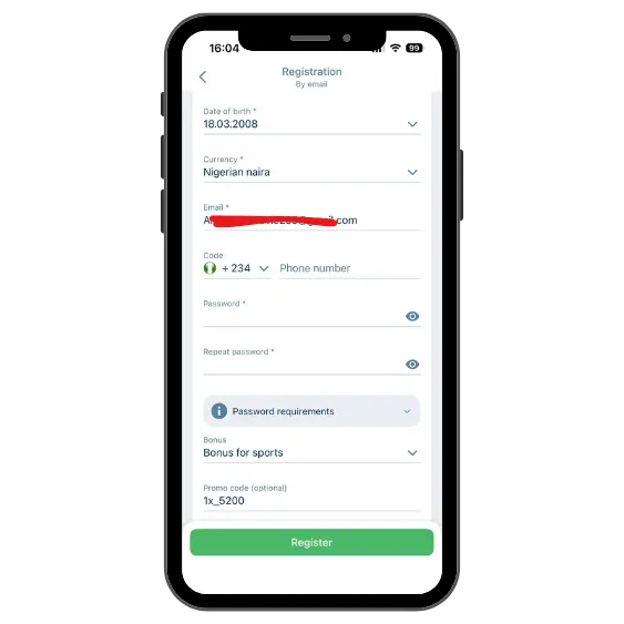 1xBet app registration screen showing email signup form with promo code 1x_5200 and register button