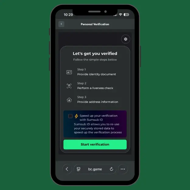 BC.Game advanced verification page showing three steps: upload ID, complete a liveness check, and provide address details before starting verification.