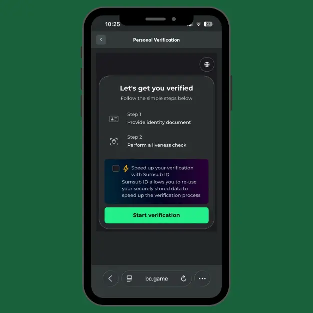 BC.Game verification page showing two steps: submit an identity document and complete a liveness check before starting verification.