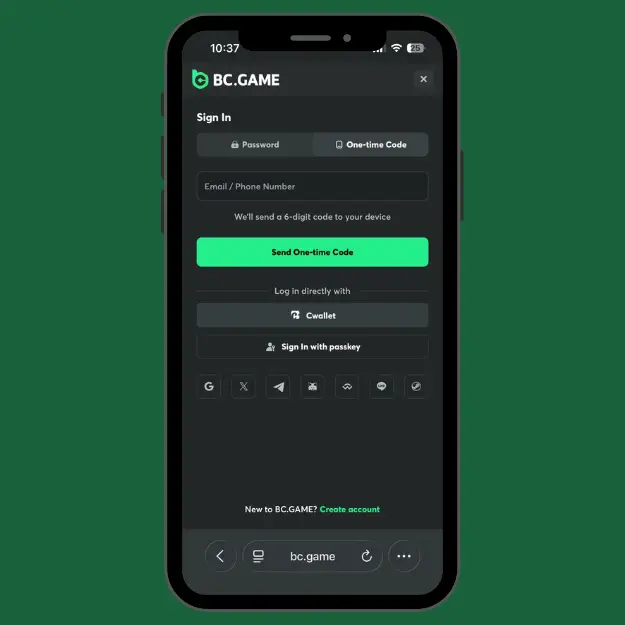 BC.Game sign in page with one-time code login option.