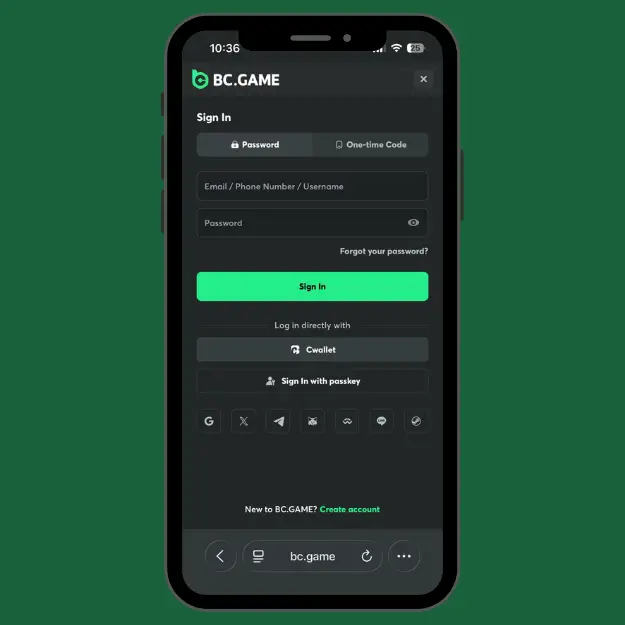 BC.Game sign in page with email/phone/username and password fields.