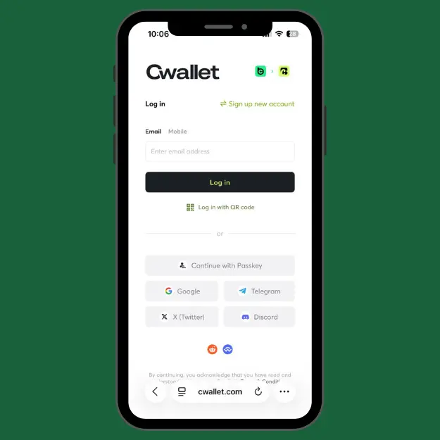 BC.Game registration with CWallet showing the page to connect and link the wallet to the BC.Game account.
