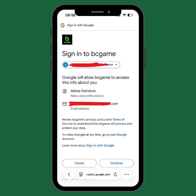 BC.Game registration via Google showing the Google sign-in confirmation screen.