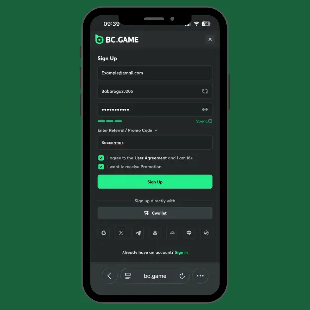 BC.Game Sign Up form with email, username, and promo code fields, and a green 'Sign Up' button.