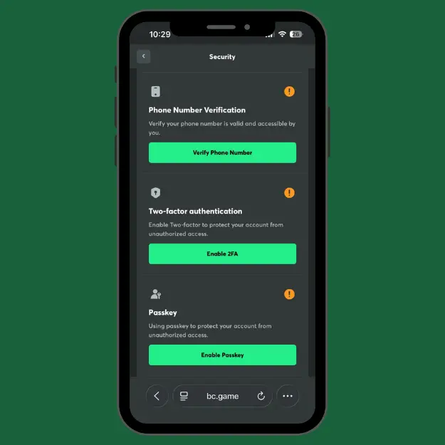 BC.Game security page showing options to secure an account: phone number verification, two-factor authentication, and passkey login.