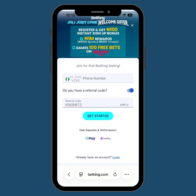 BetKing registration form with phone number and referral code entry fields and a blue Get Started button.