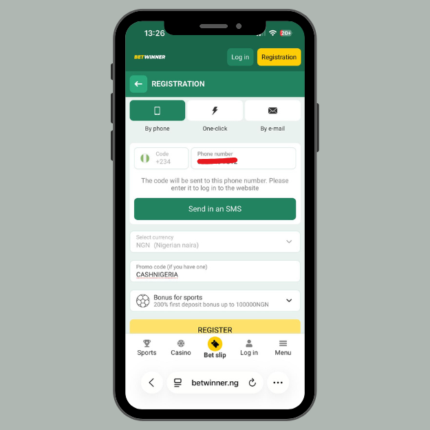 Betwinner registration page for phone number signup with the promo code field filled with “CASHNIGERIA” and a yellow Register button.