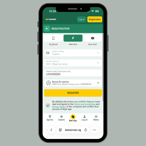 Betwinner one-click registration page showing country and currency selection, a promo code field filled with “CASHNIGERIA,” a terms and conditions checkbox, and a yellow Register button.