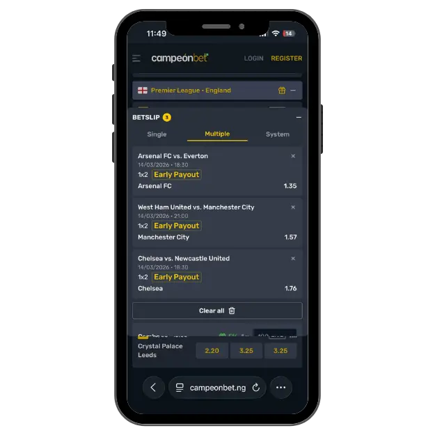 Campeonbet mobile bet slip showing a Premier League accumulator with Arsenal, Manchester City, and Chelsea selections.