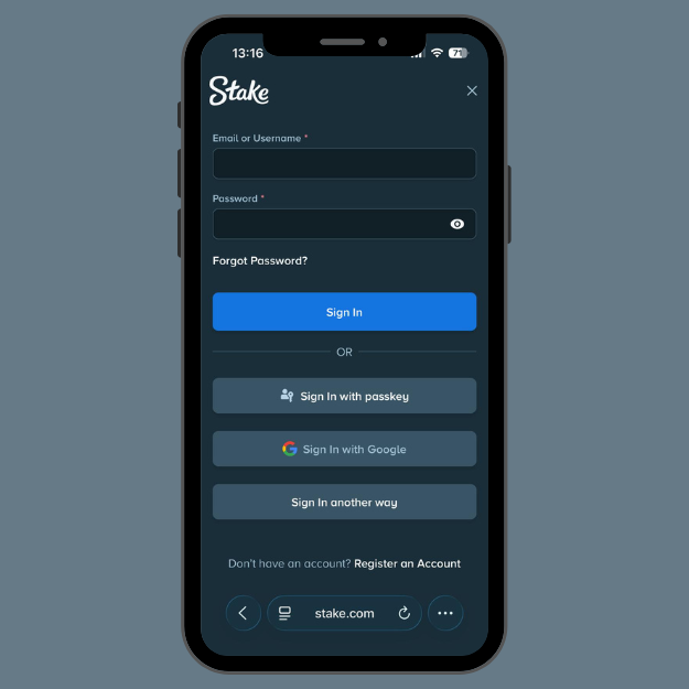 Stake login form with email or username field, plus options to sign in with Google, passkey, or another method.