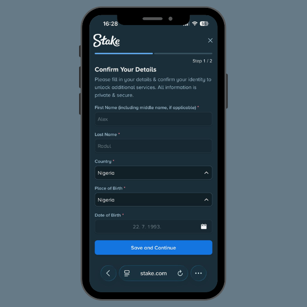 Stake verification page showing fields for first name, last name, place of birth, and date of birth.