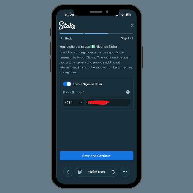 Stake verification page showing the second step to verify your phone number and enable Nigerian Naira.
