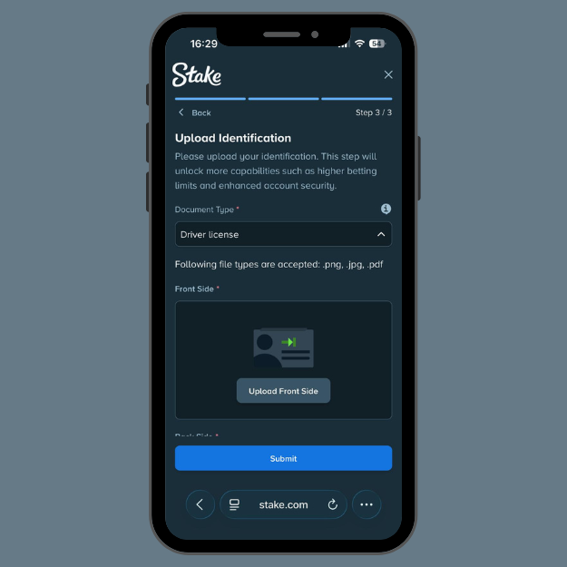 Stake verification page showing the third step where users upload ID documents and submit for review.