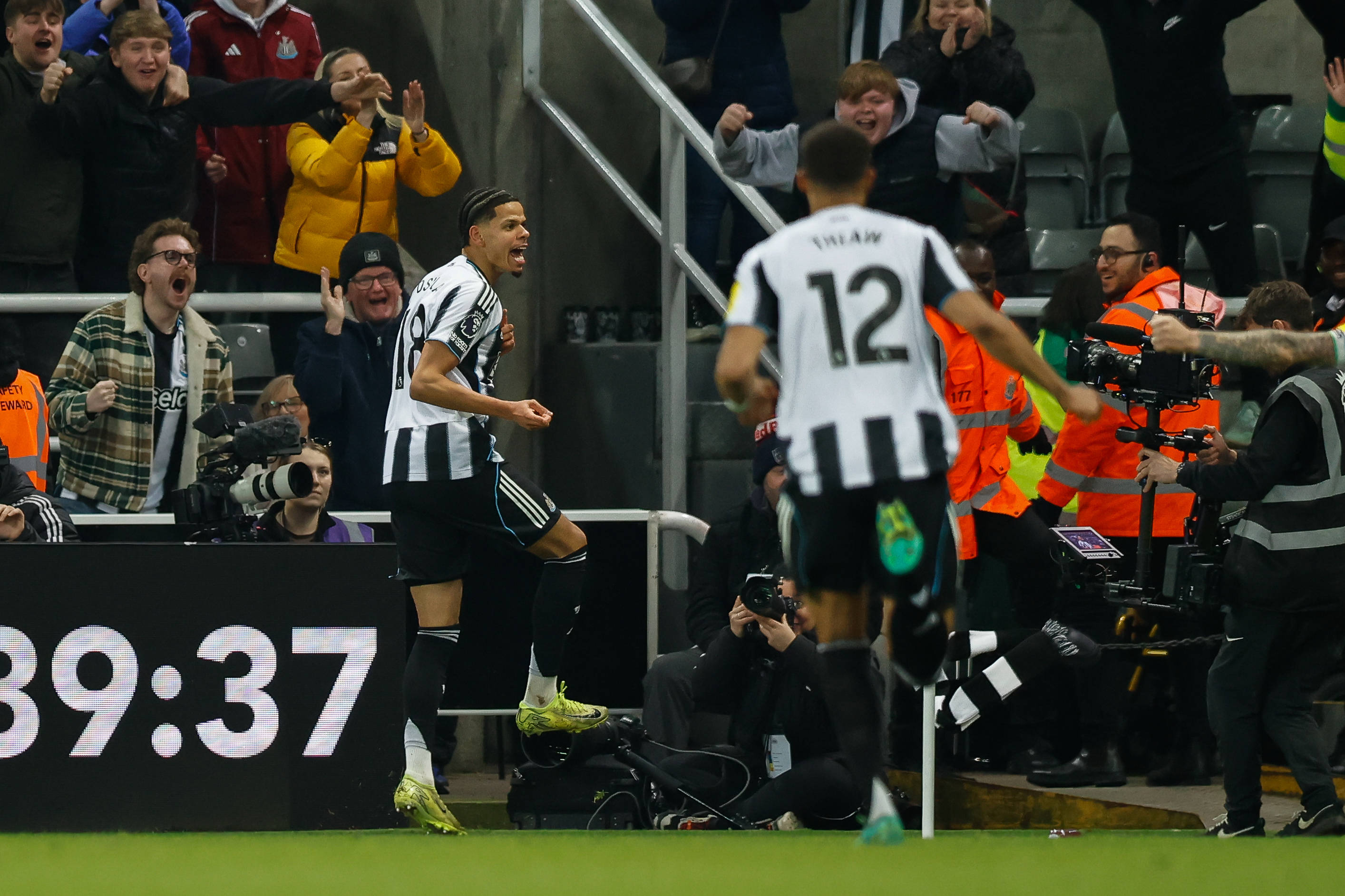 William Osula celebrates scoring during the Premier League match between Newcastle United and Manchester United at St. James's Park