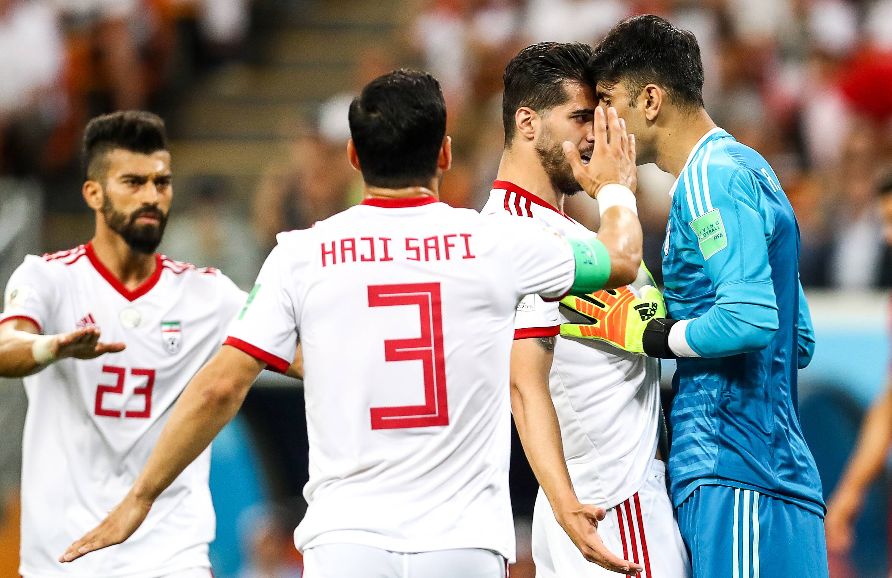Iran s Ramin Rezaeian, Ehsan Hajsafi, Saeid Ezatolahi, and goalkeeper Alireza Beiranvand