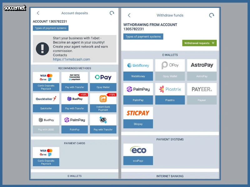 Payment methods list inside the 1xBet app