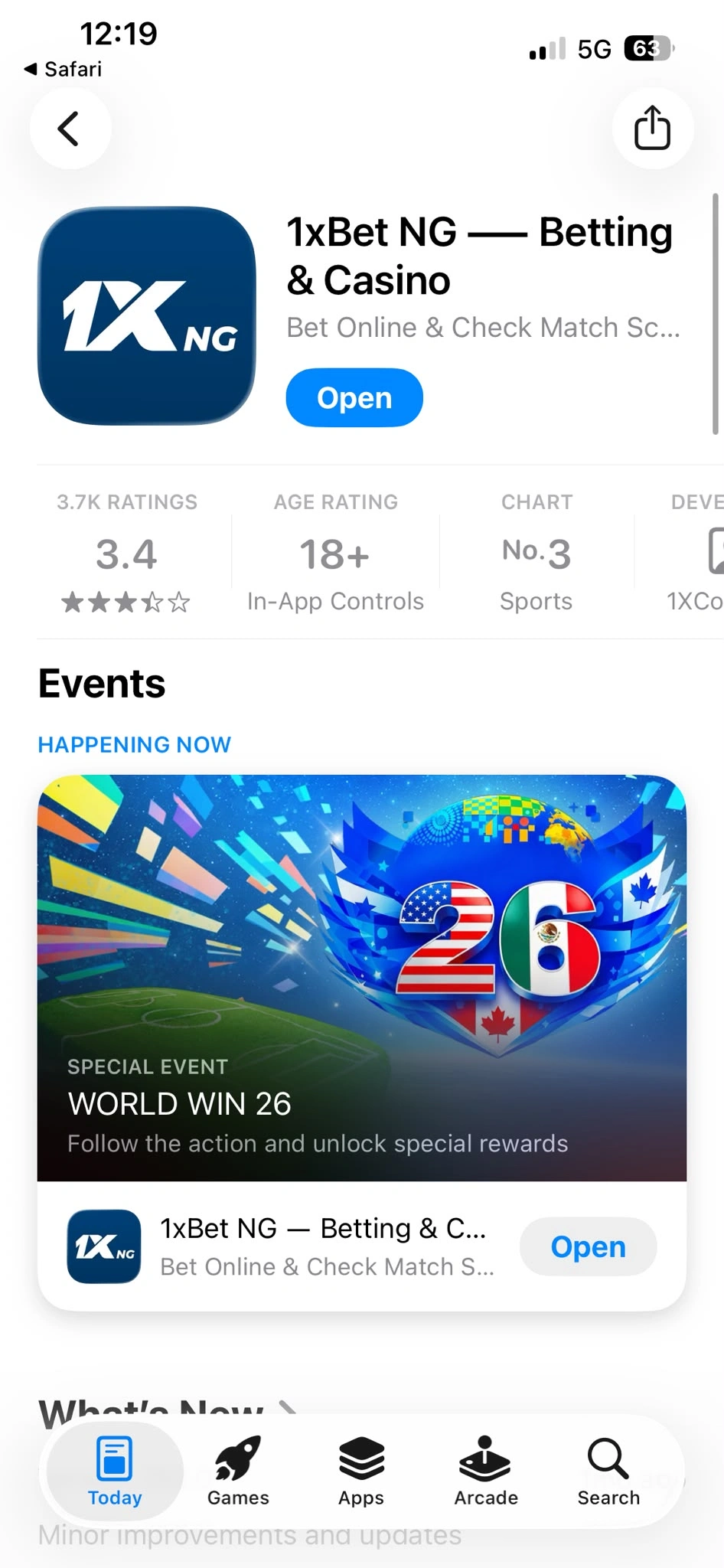 1xBet app listed in the App Store