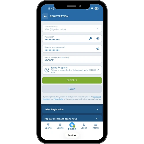 Registration form with a promo code field in the 1xBet app
