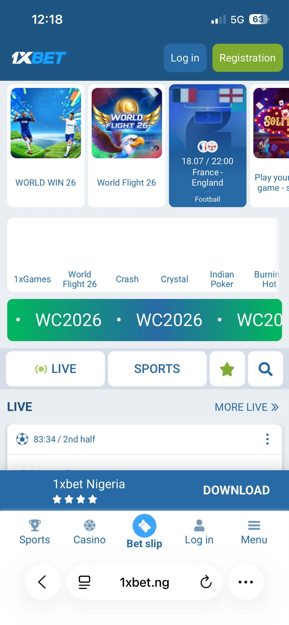 1xBet mobile site homepage in a browser