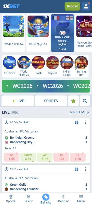 Overview of the 1xBet app interface on Android