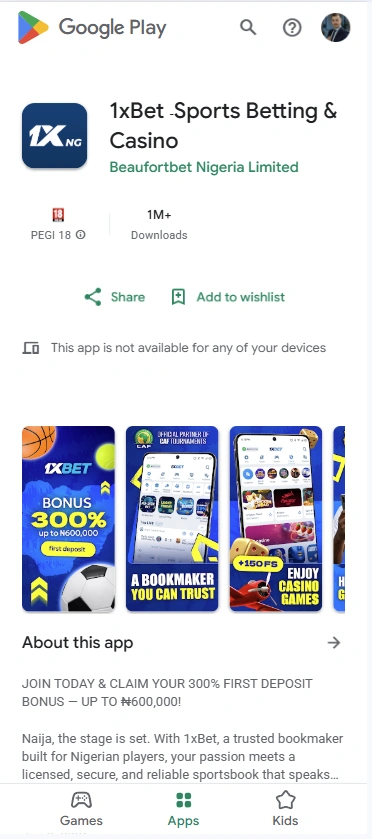 1xBet app page in Google Play where available